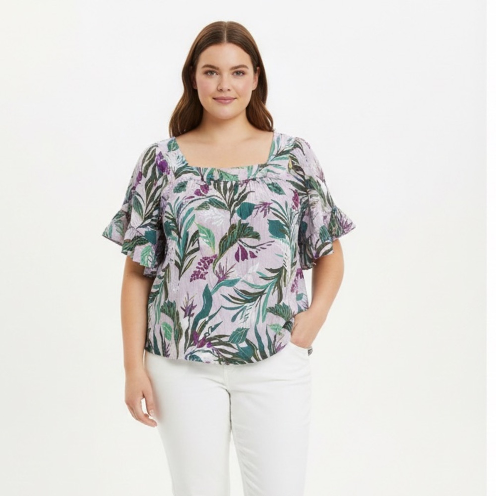 Terra & Sky NWOT Tropical Print Ruffle Sleeve Blouse - Green and Purple
